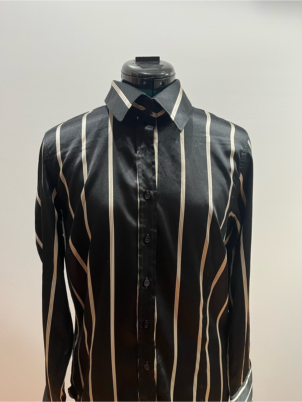 Zara Black Shirt with Cream Vertical Stripes